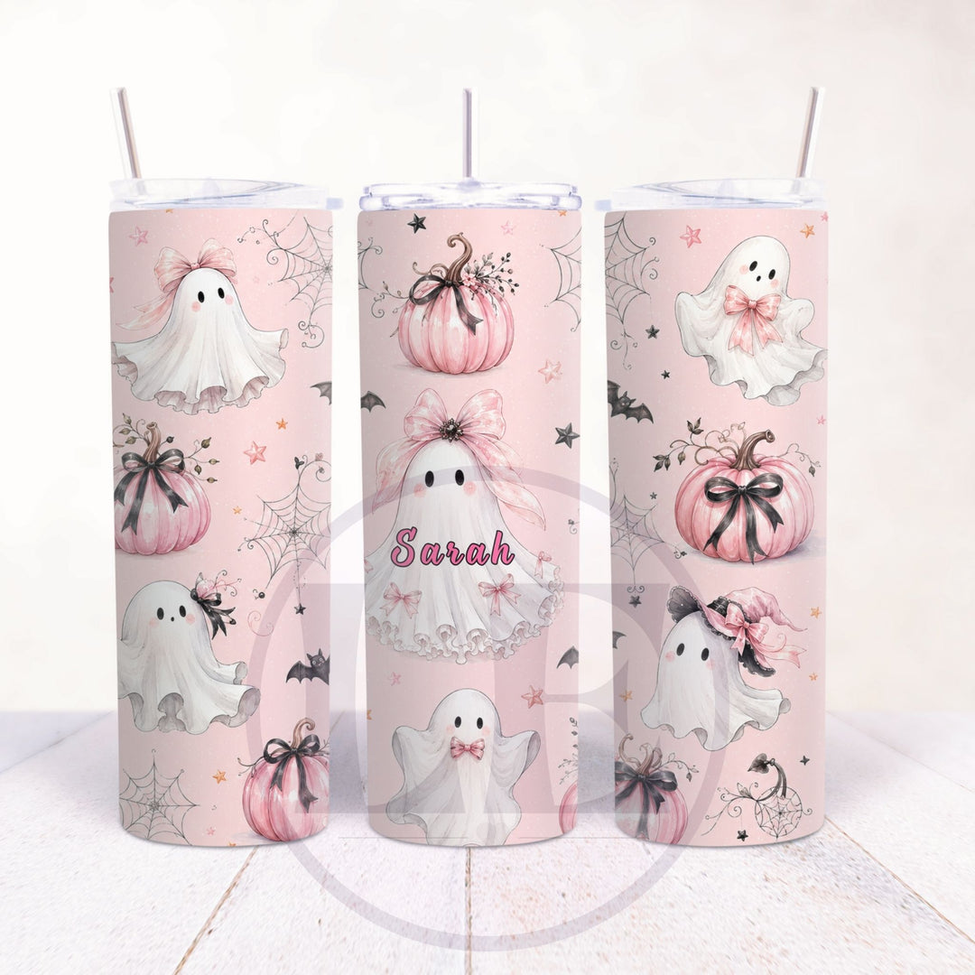 Pastel pink Halloween tumbler with cute ghosts cobwebs pumpkins and Sarah name