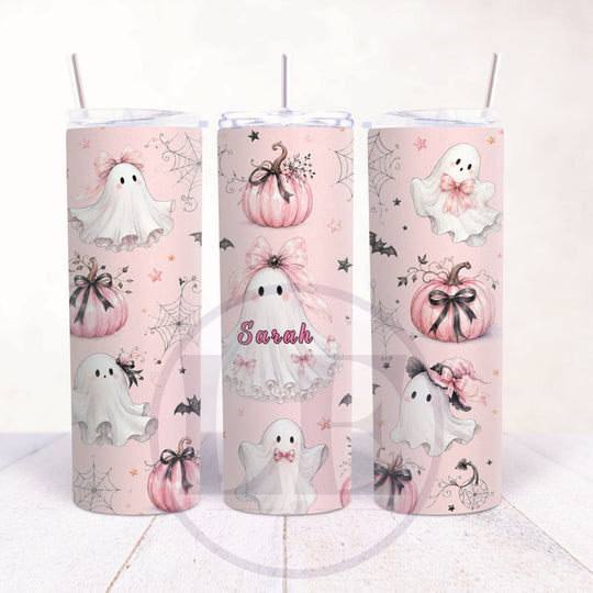 Pastel pink Halloween tumbler with cute ghosts cobwebs pumpkins and Sarah name