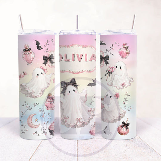 Personalised pastel ghost Halloween 20oz tumbler with potion bottles bats and Olivia name