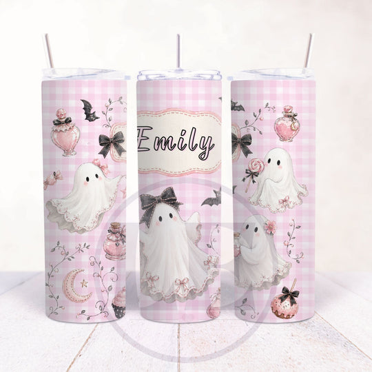 Personalised pink gingham Halloween tumbler with ghosts potion bottles and Emily name