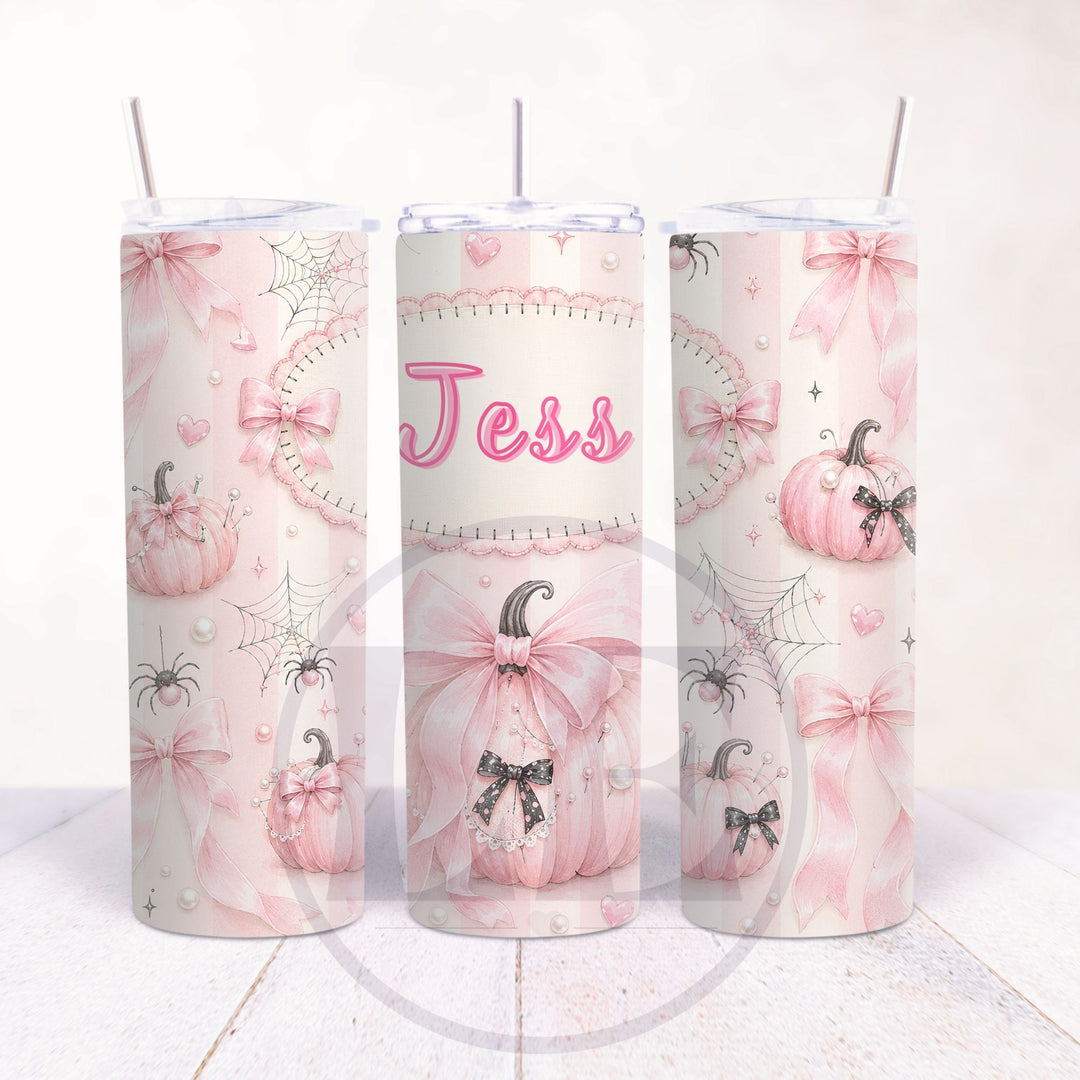 Personalised Halloween tumbler with pink pumpkins ribbons cobwebs and Jess name