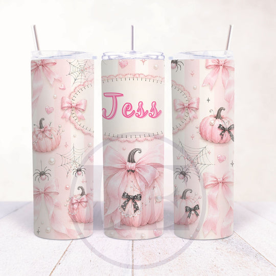 Personalised Halloween tumbler with pink pumpkins ribbons cobwebs and Jess name