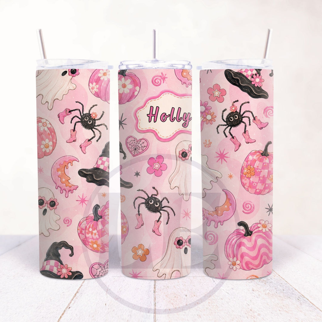 Pink Halloween 20oz tumbler with floral spiders ghosts pumpkins and Holly name