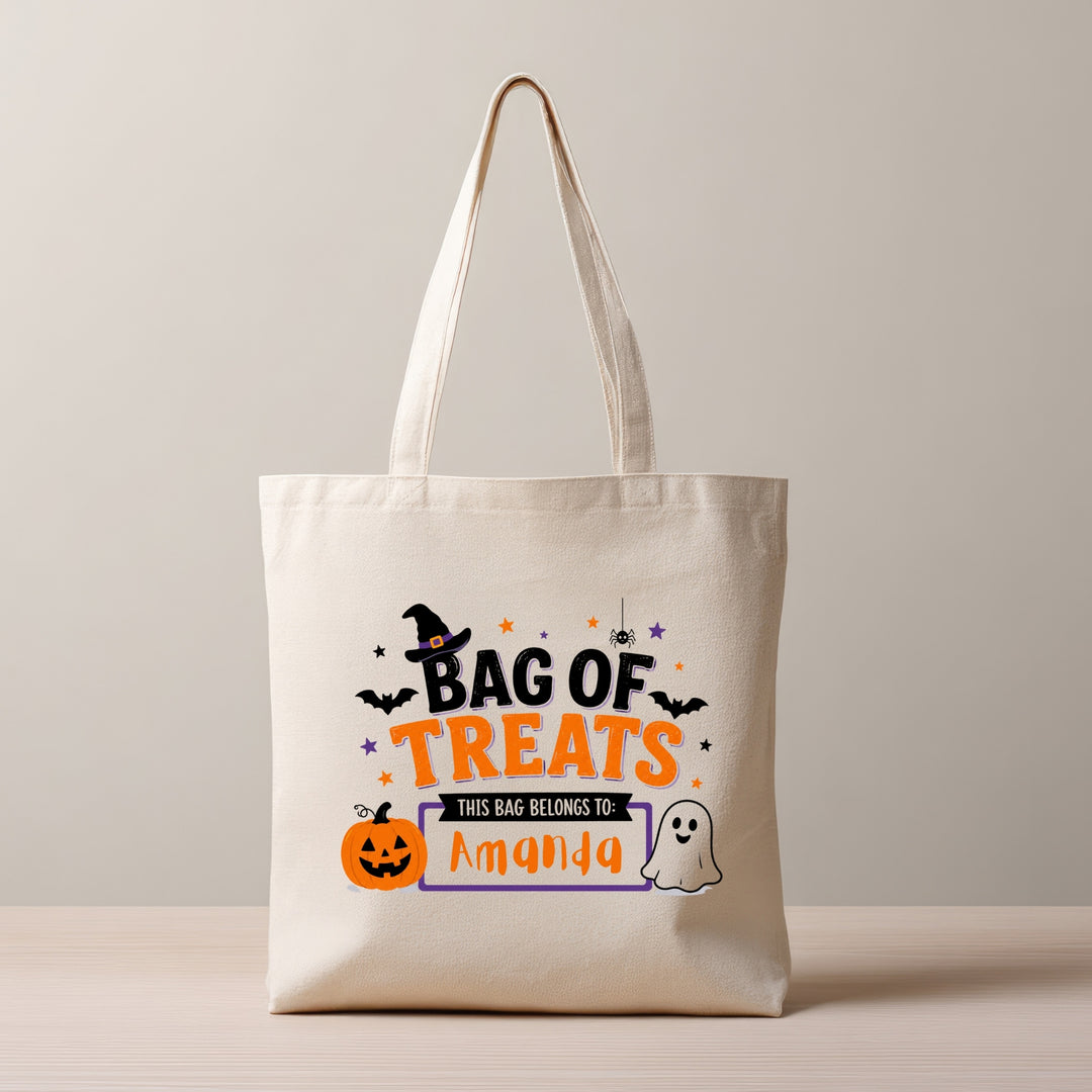 White personalised Halloween trick or treat bag featuring Bag of Treats pumpkin and ghost design with child’s name