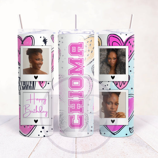 Personalised Happy Birthday 20oz tumbler with three photos and name