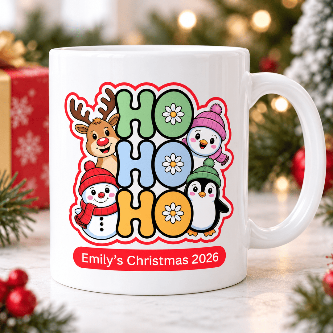 Personalised HO HO HO Christmas mug in festive setting with name and year example