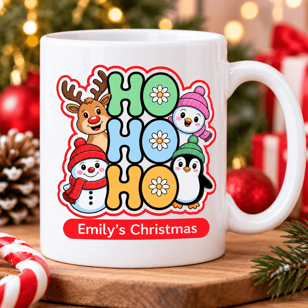 Personalised HO HO HO Christmas mug with name-only Emily's Christmas design without year