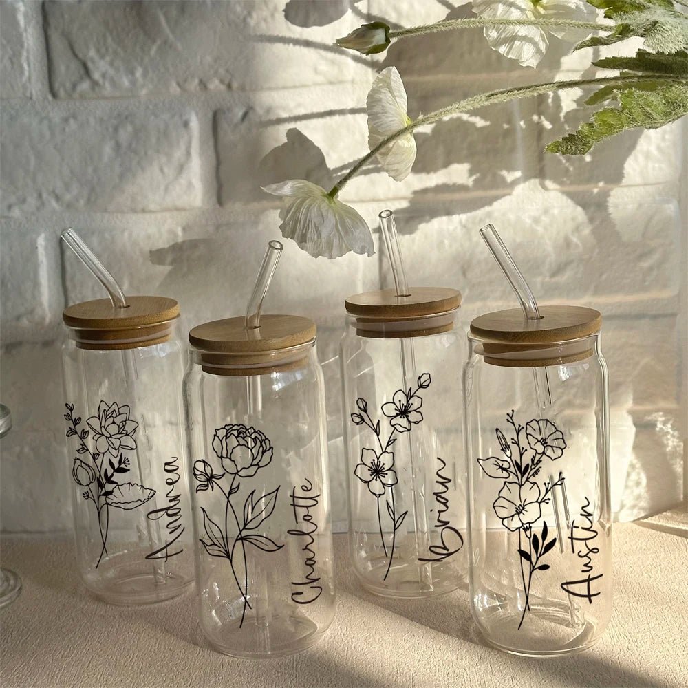 Personalised birth flower glass tumbler with name and floral design