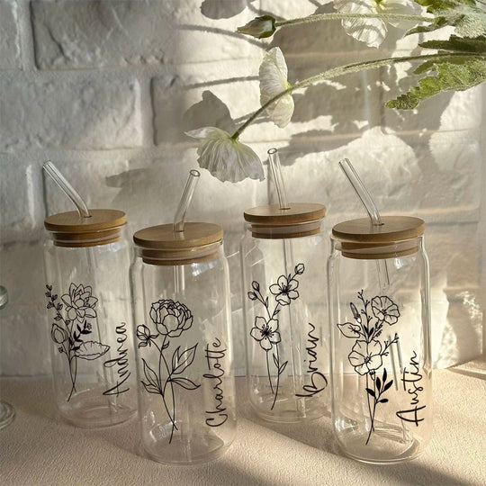 Personalised birth flower glass tumbler with name and floral design