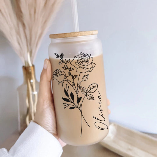 Personalised birth flower glass tumbler with Olivia name and floral design