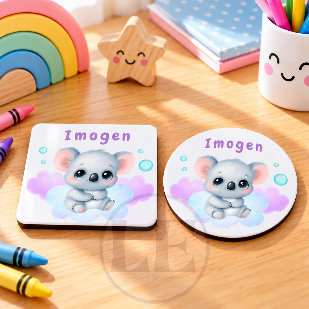 Personalised Koala Kids MDF coasters in square and round shapes with the name Imogen on a colourful children&