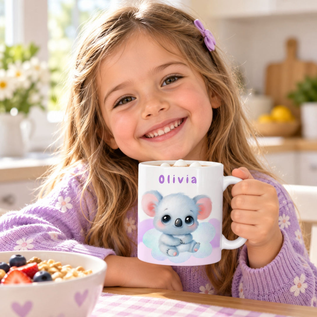 Smiling child holding a personalised Koala Kids polymer mug featuring a pastel koala design.
