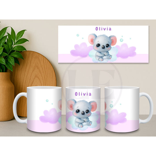 Koala Kids personalised mug design preview with pastel clouds and name