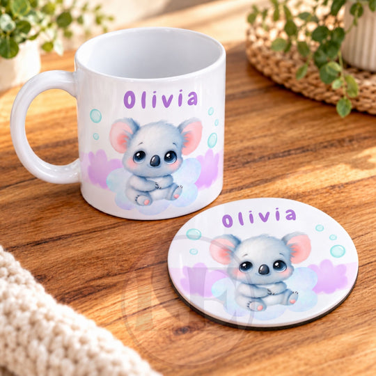 Personalised Koala Kids mug and matching round MDF coaster with the name Olivia.