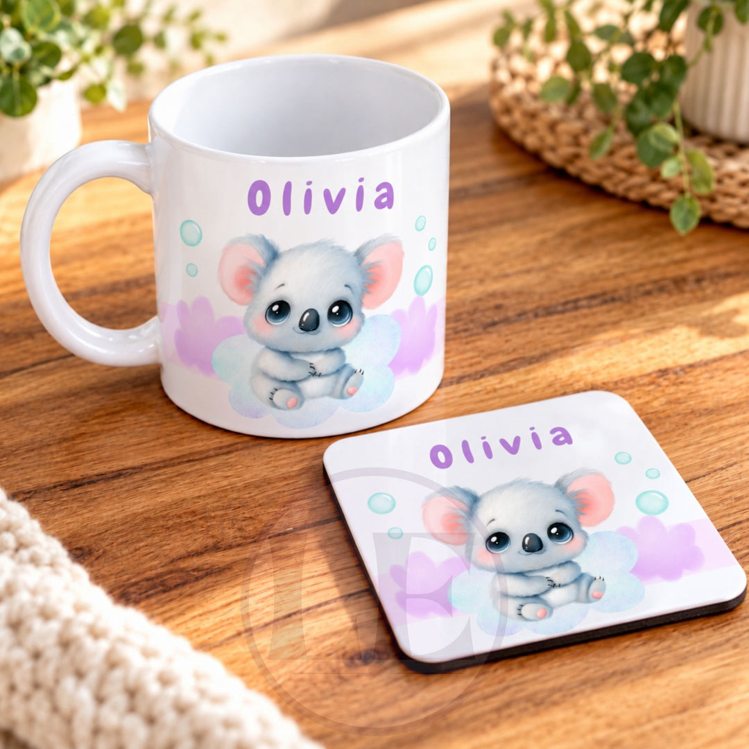 Personalised Koala Kids mug and matching square MDF coaster featuring pastel koala artwork.