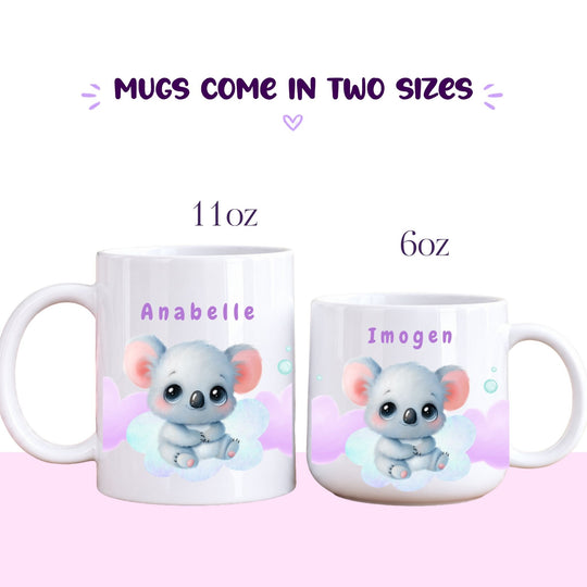 Personalised Koala Kids polymer mugs in 11oz and 6oz sizes, showing the two available options.