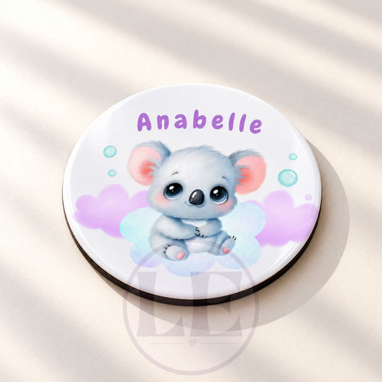 Round personalised Koala Kids MDF coaster with the name Anabelle and pastel koala artwork
