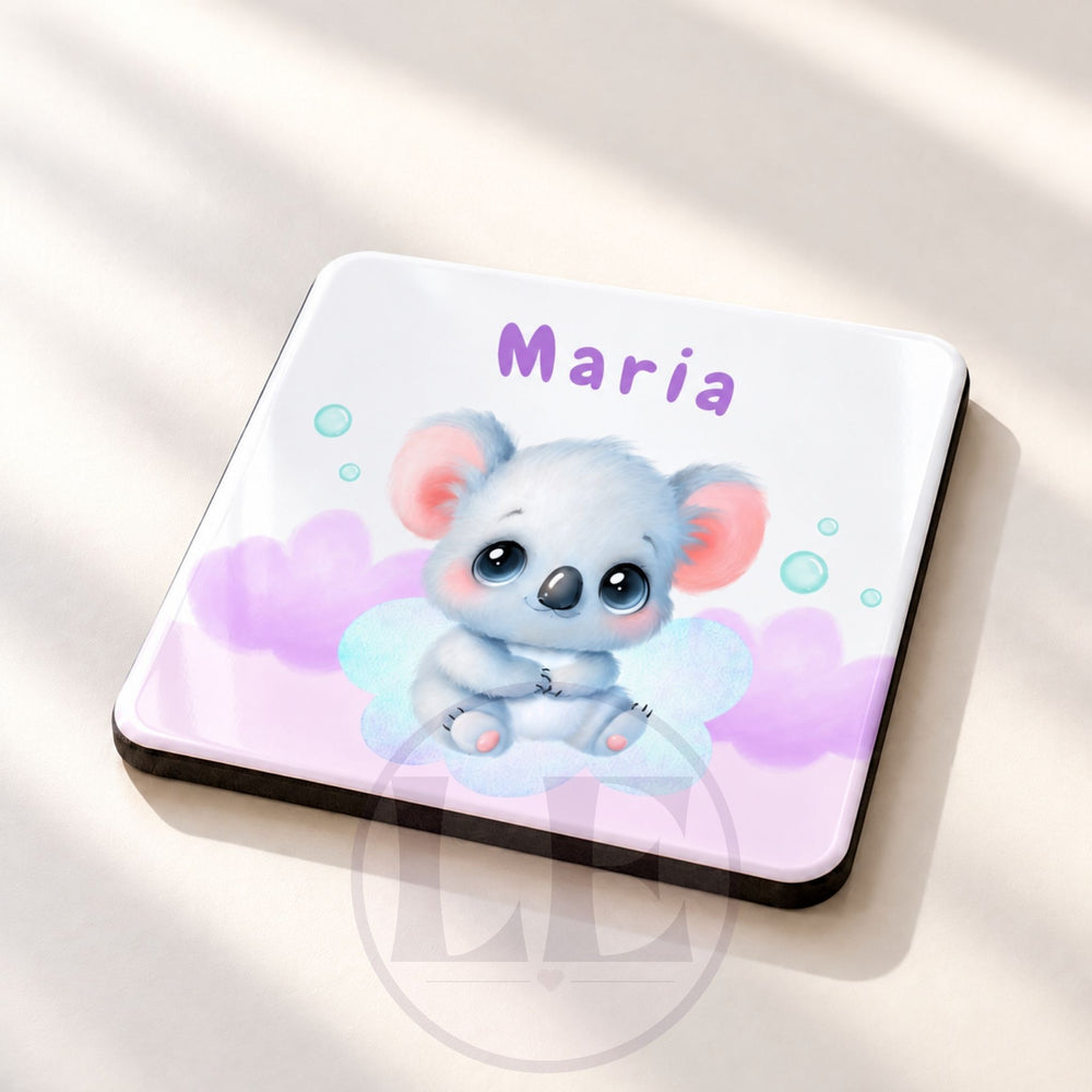 Square personalised Koala Kids MDF coaster with the name Maria and pastel koala artwork