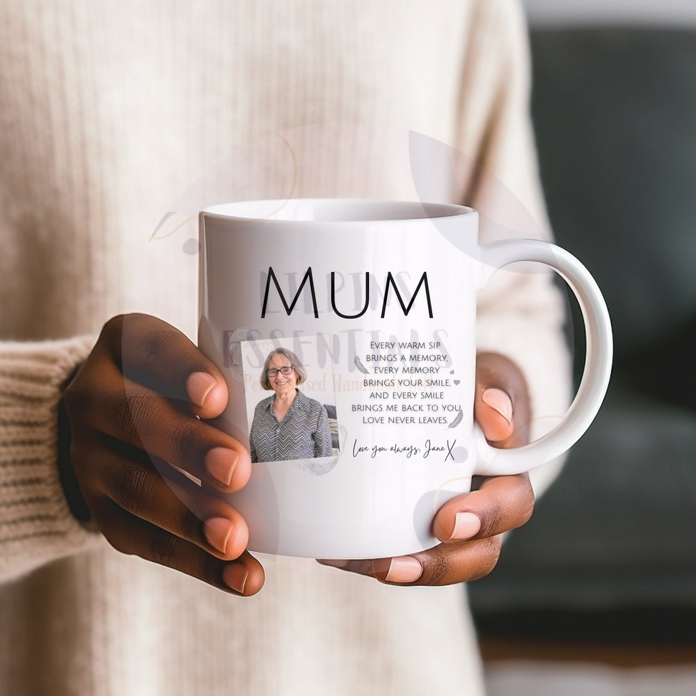Personalised Mum memorial photo mug held in hands