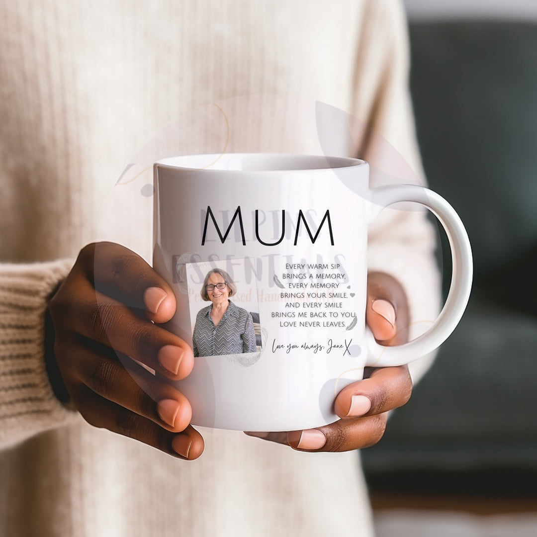 Personalised Mum memorial photo mug held in hands