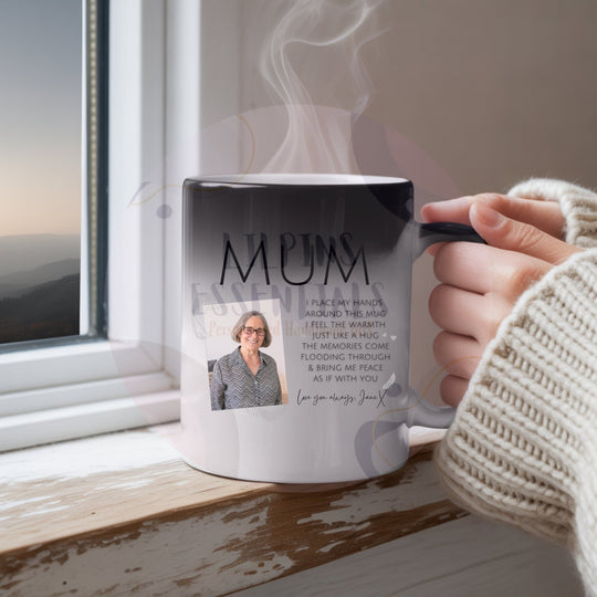 Memorial photo mug for Mum shown in a home setting