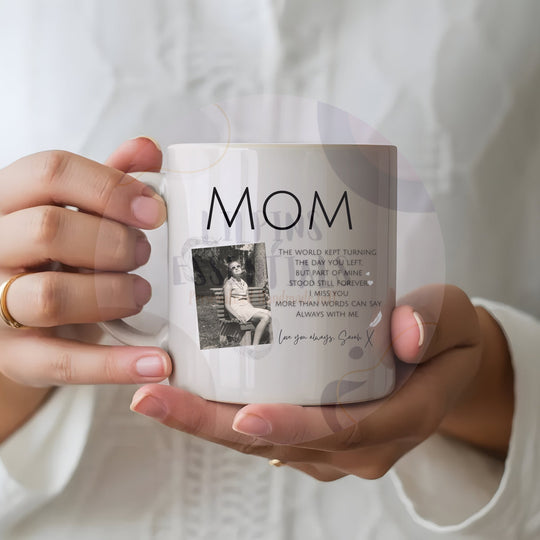 Personalised Mum memorial mug held as a keepsake gift
