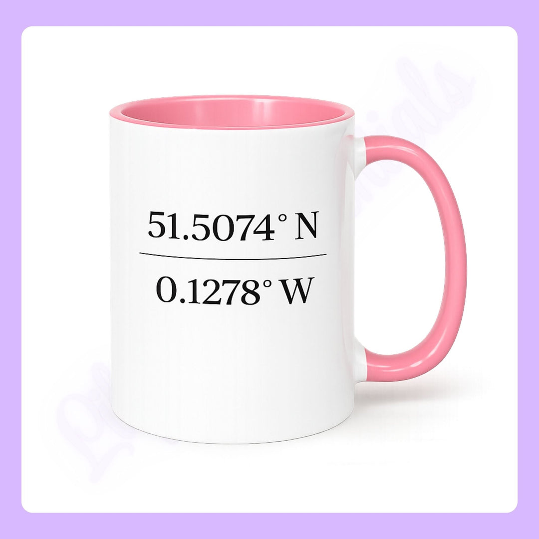 Personalised coordinates mug with pink handle and meaningful location