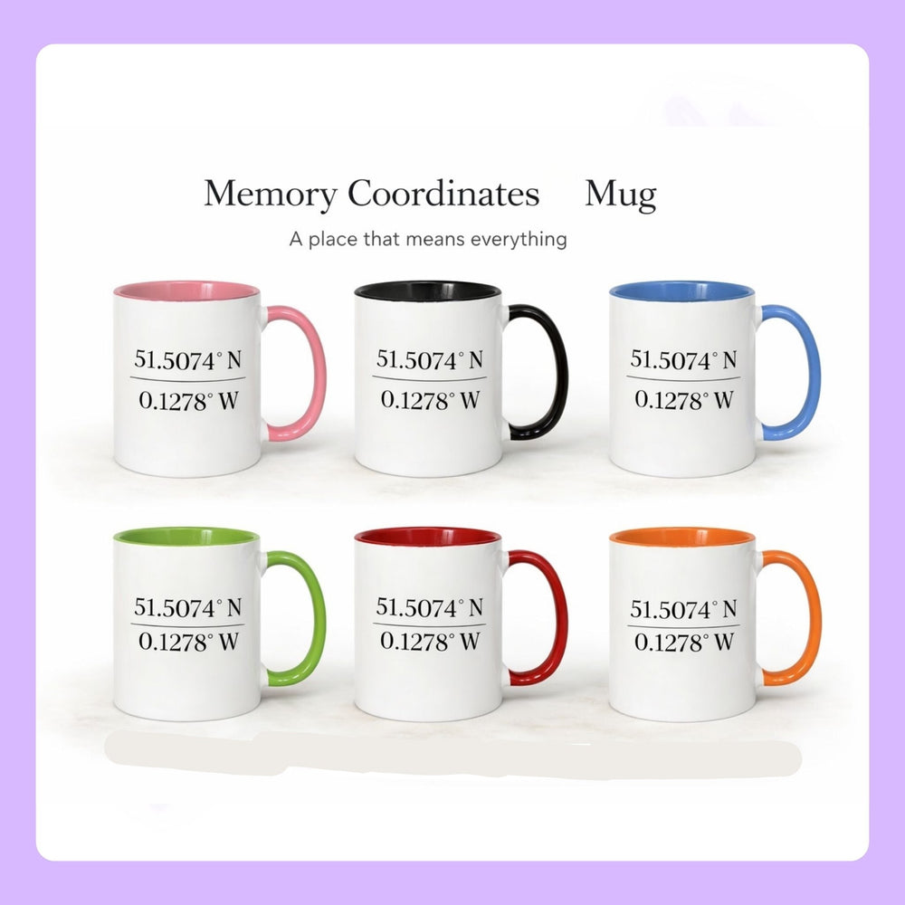 Personalised coordinates mugs with different coloured handles