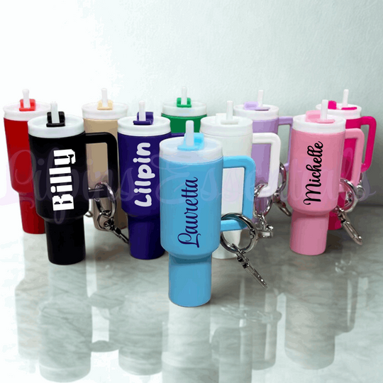 Personalised miniature tumbler cup keyring keychain