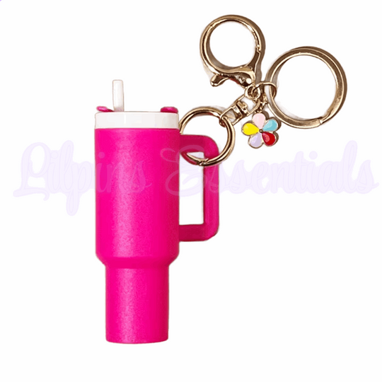 personalised tumbler keyring attached to handbag