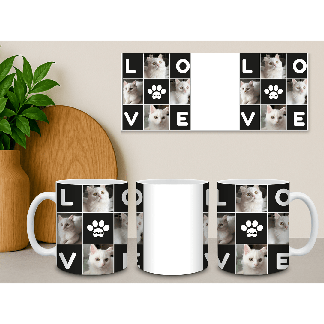Personalised pet photo mug in a lifestyle setting with LOVE collage and custom pet name