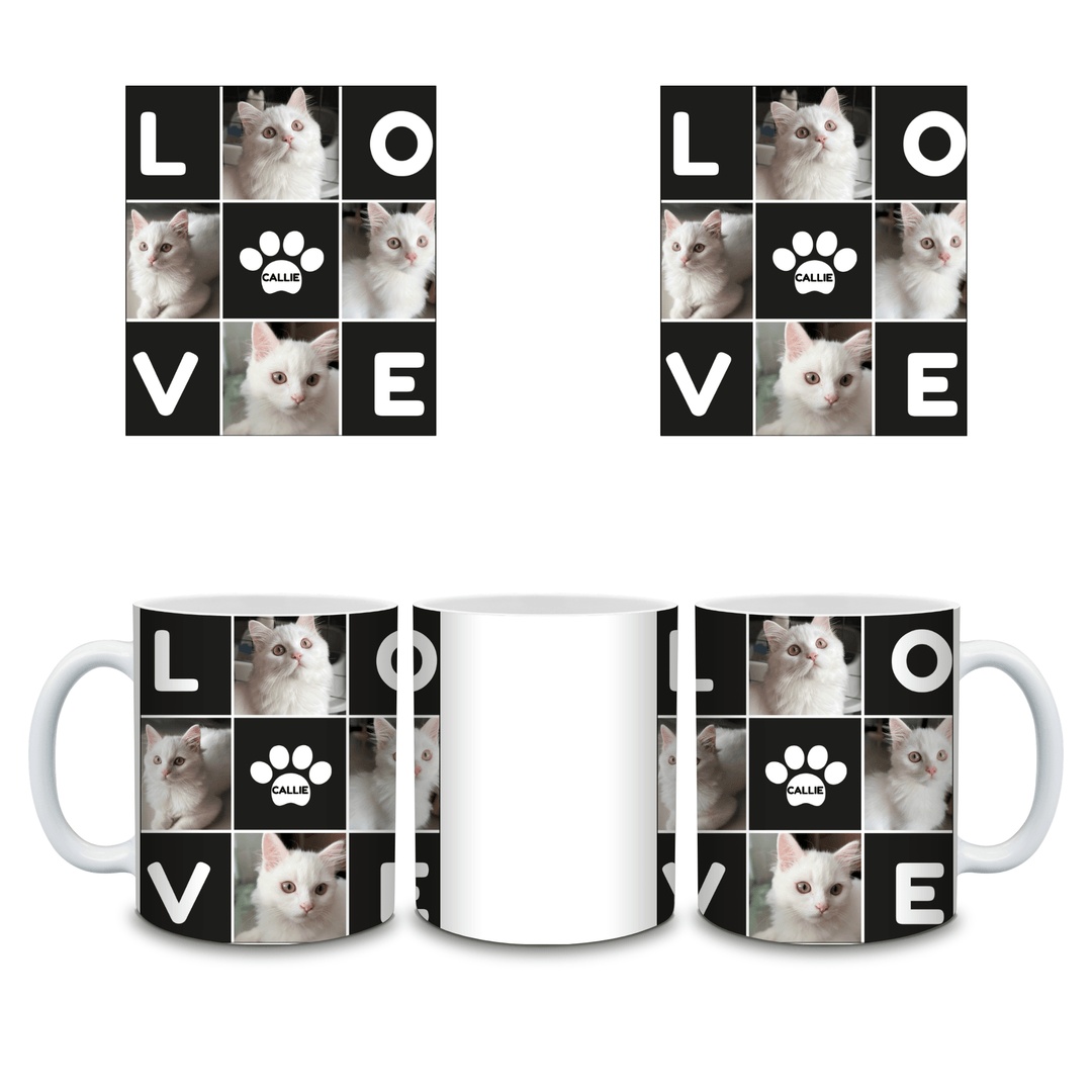 Wraparound preview of personalised pet photo mug with LOVE collage, four pet photos and custom name