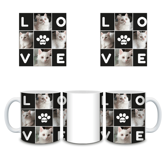 Wraparound preview of personalised pet photo mug with LOVE collage, four pet photos and custom name