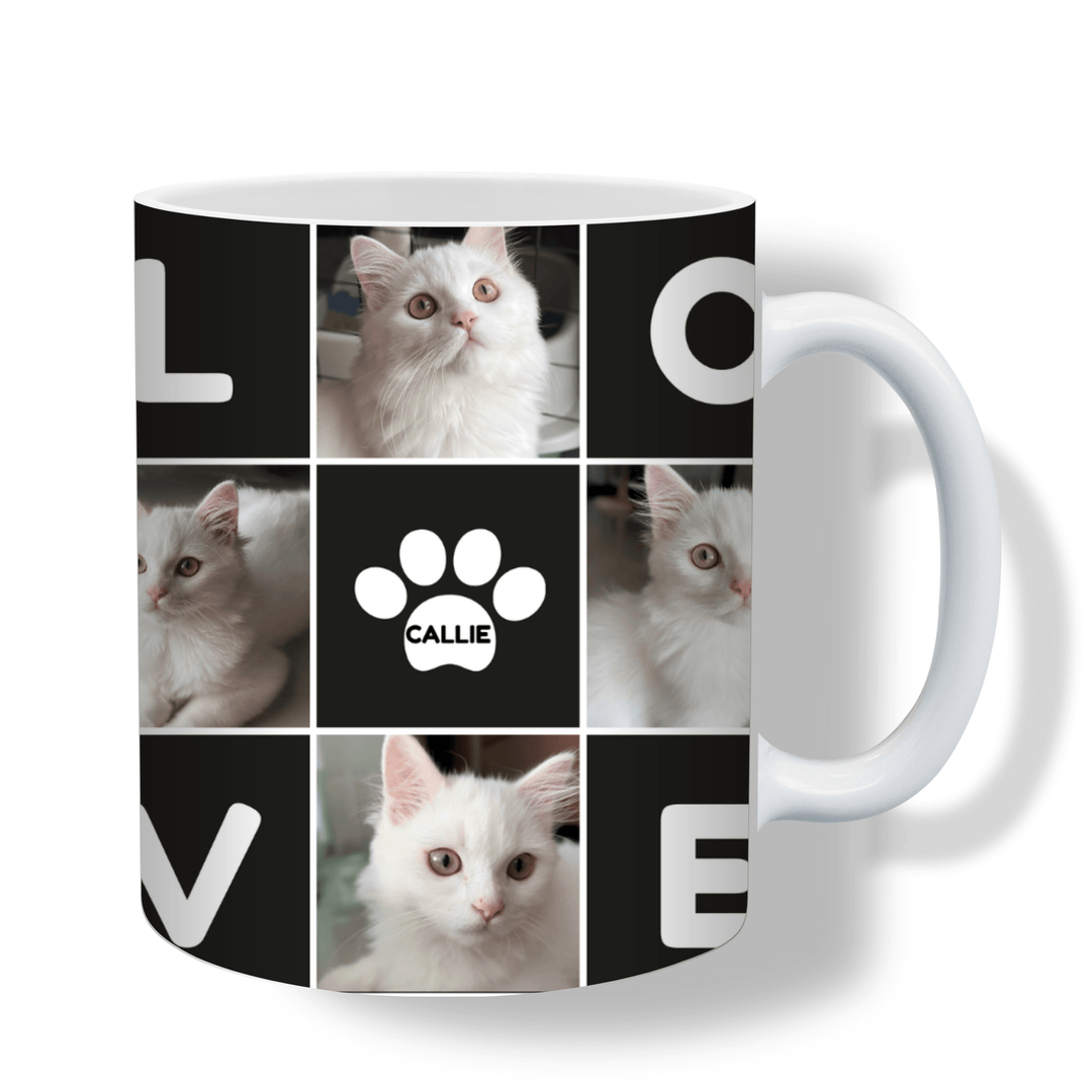 Personalised pet photo mug with four pet photos, LOVE collage and custom name inside a paw print