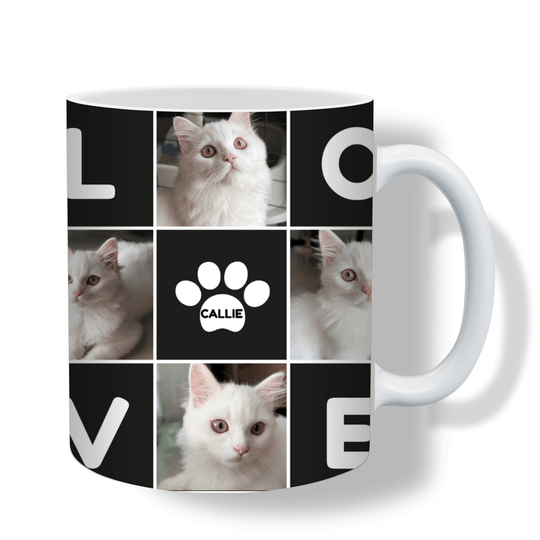 Personalised pet photo mug with four pet photos, LOVE collage and custom name inside a paw print
