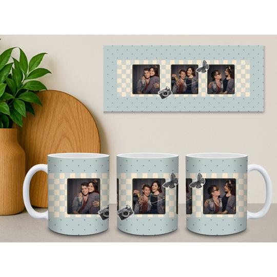 Personalised photo booth mug with three-photo strip displayed in a neutral home setting