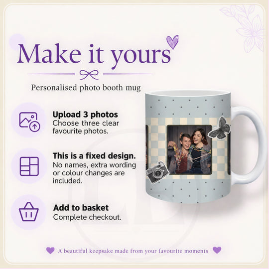 Personalisation guide for personalised photo booth mug showing 3 photo upload, fixed design and checkout steps
