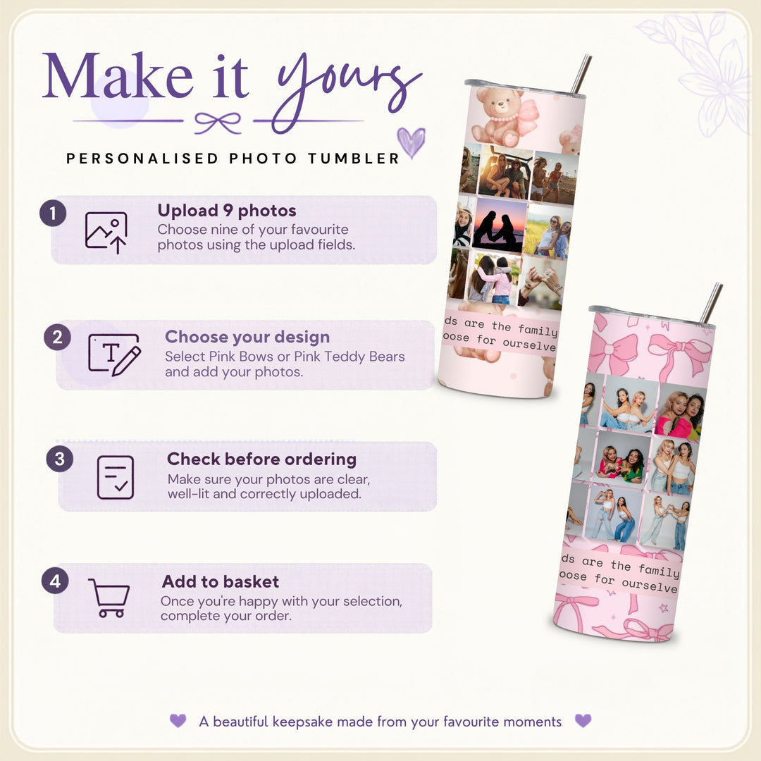 How to personalise a photo tumbler infographic with photo upload and order checking instructions