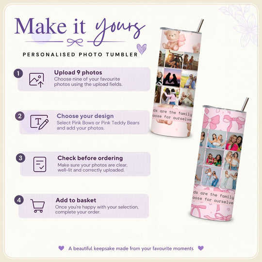 How to personalise a photo tumbler infographic with photo upload and order checking instructions