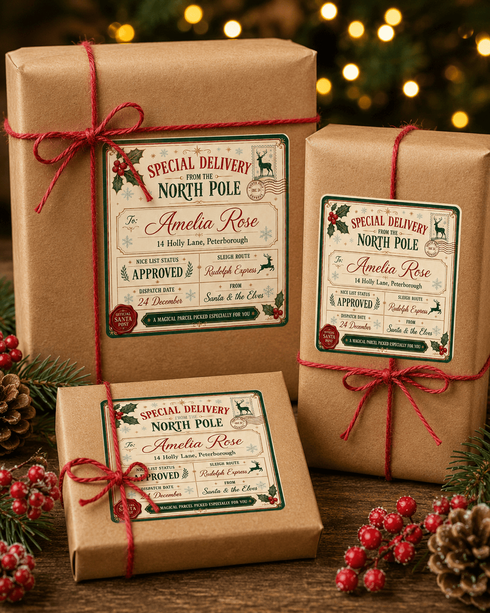 Three personalised Santa shipping label stickers on wrapped Christmas gift boxes