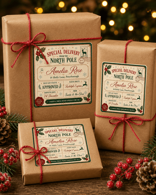 Three personalised Santa shipping label stickers on wrapped Christmas gift boxes