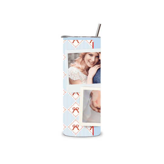 Personalised wedding 3 photo 20oz tumbler in Something Blue design with couple photos