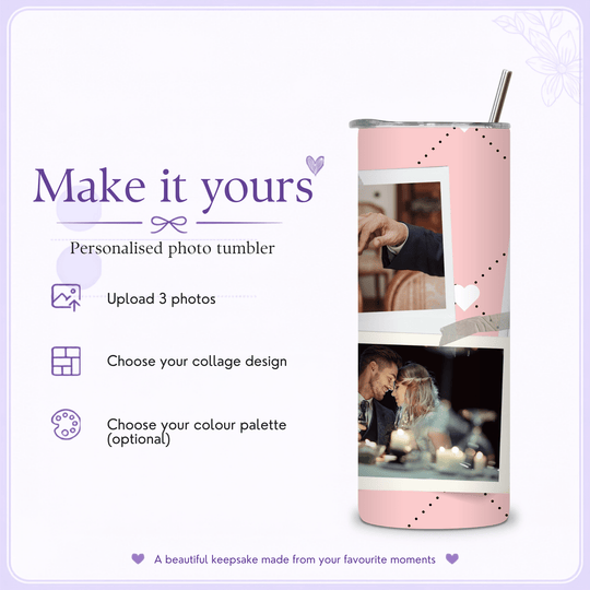 How to personalise a wedding photo tumbler with uploaded photos and chosen design