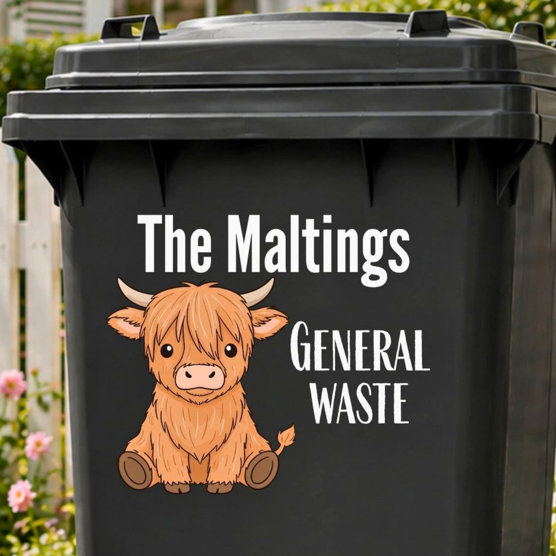 Personalised wheelie bin number decal with Highland cow design