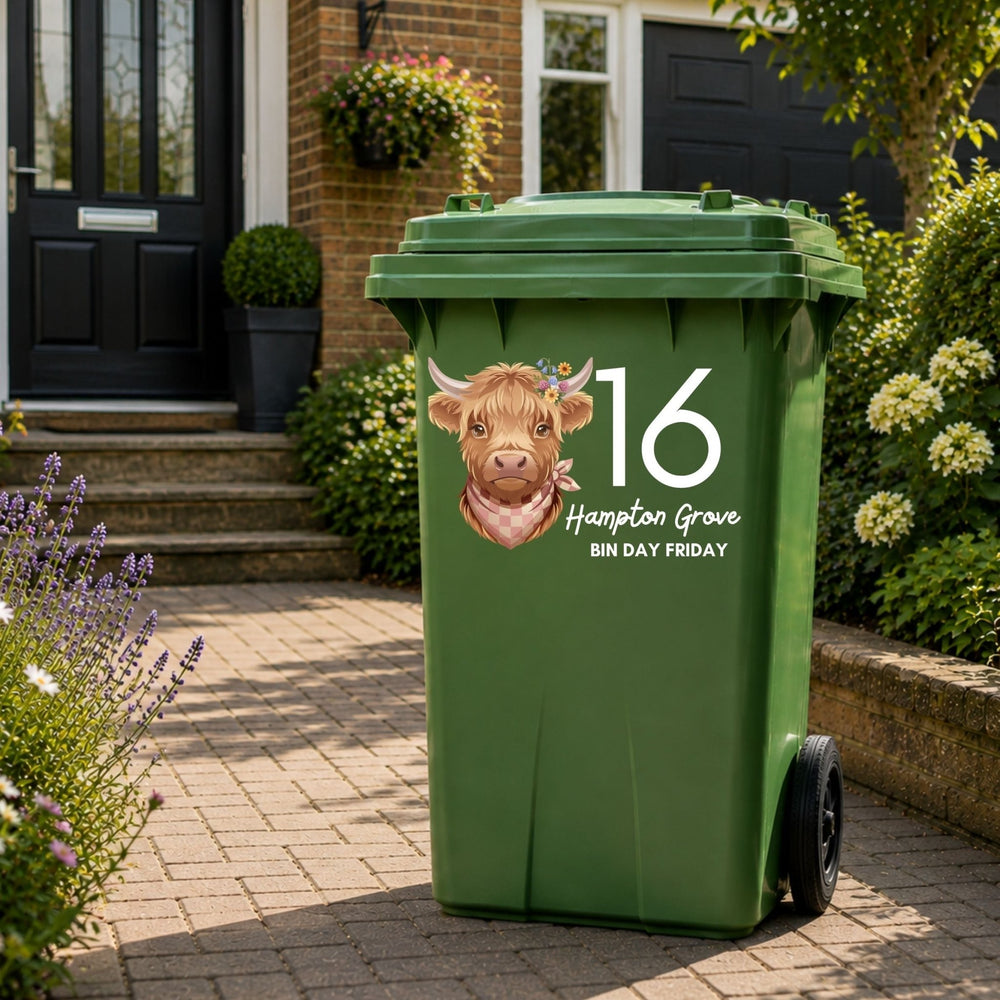 Highland cow wheelie bin sticker personalised with number