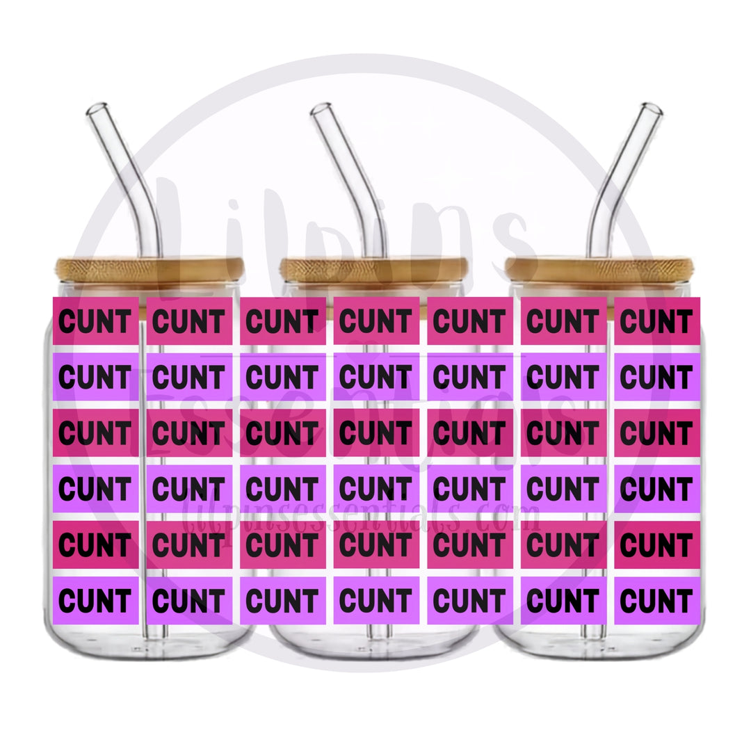 Pink and purple 16oz glass tumbler with bold slogan design