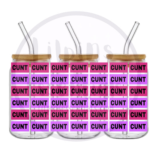 Pink and purple 16oz glass tumbler with bold slogan design