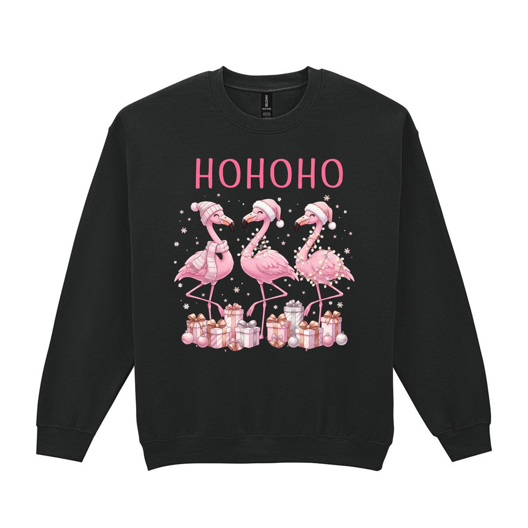 Black pink flamingo Christmas sweatshirt with HOHOHO lettering, presents and snowflakes