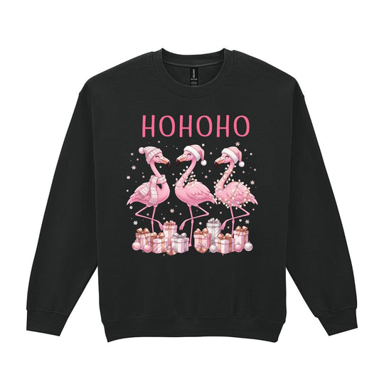 Black pink flamingo Christmas sweatshirt with HOHOHO lettering, presents and snowflakes