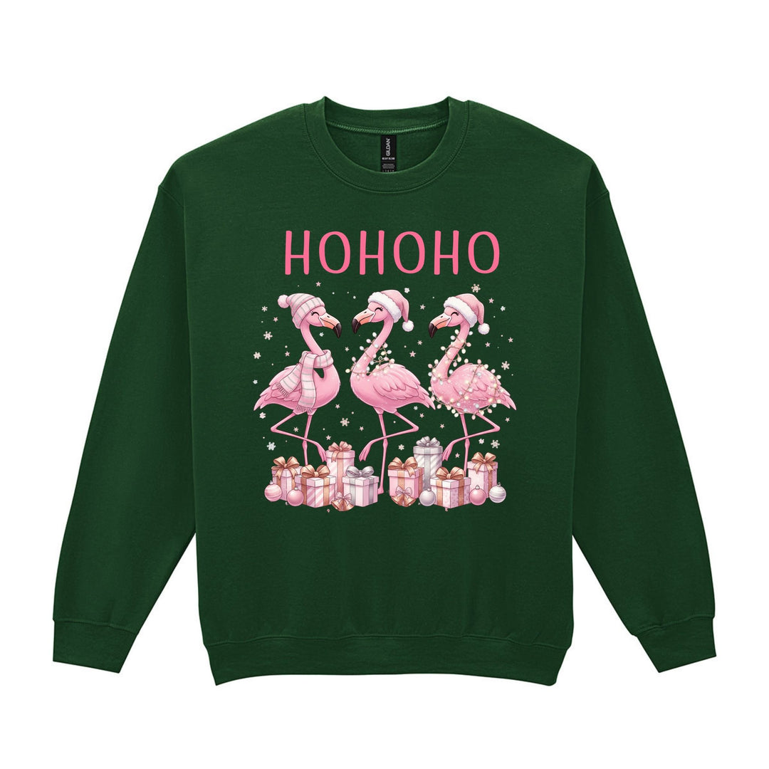 Forest green Christmas flamingo sweatshirt featuring three pink flamingos and festive gifts